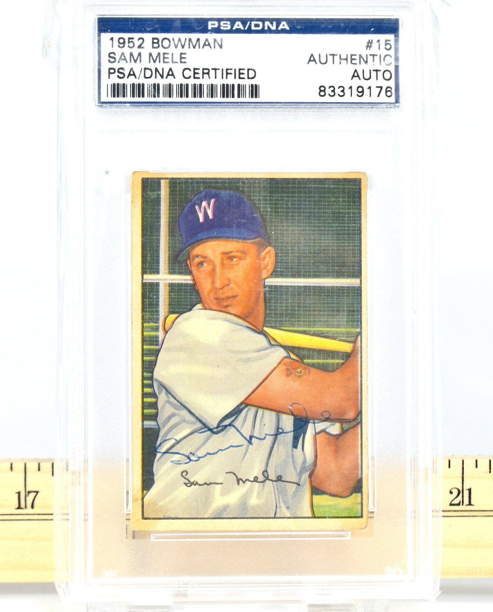 Autographed 1952 Bowman - Sam Mele #15 - PSA/DNA 83319176: Autographed 1952 Bowman - Sam Mele #15 - PSA/DNA 83319176