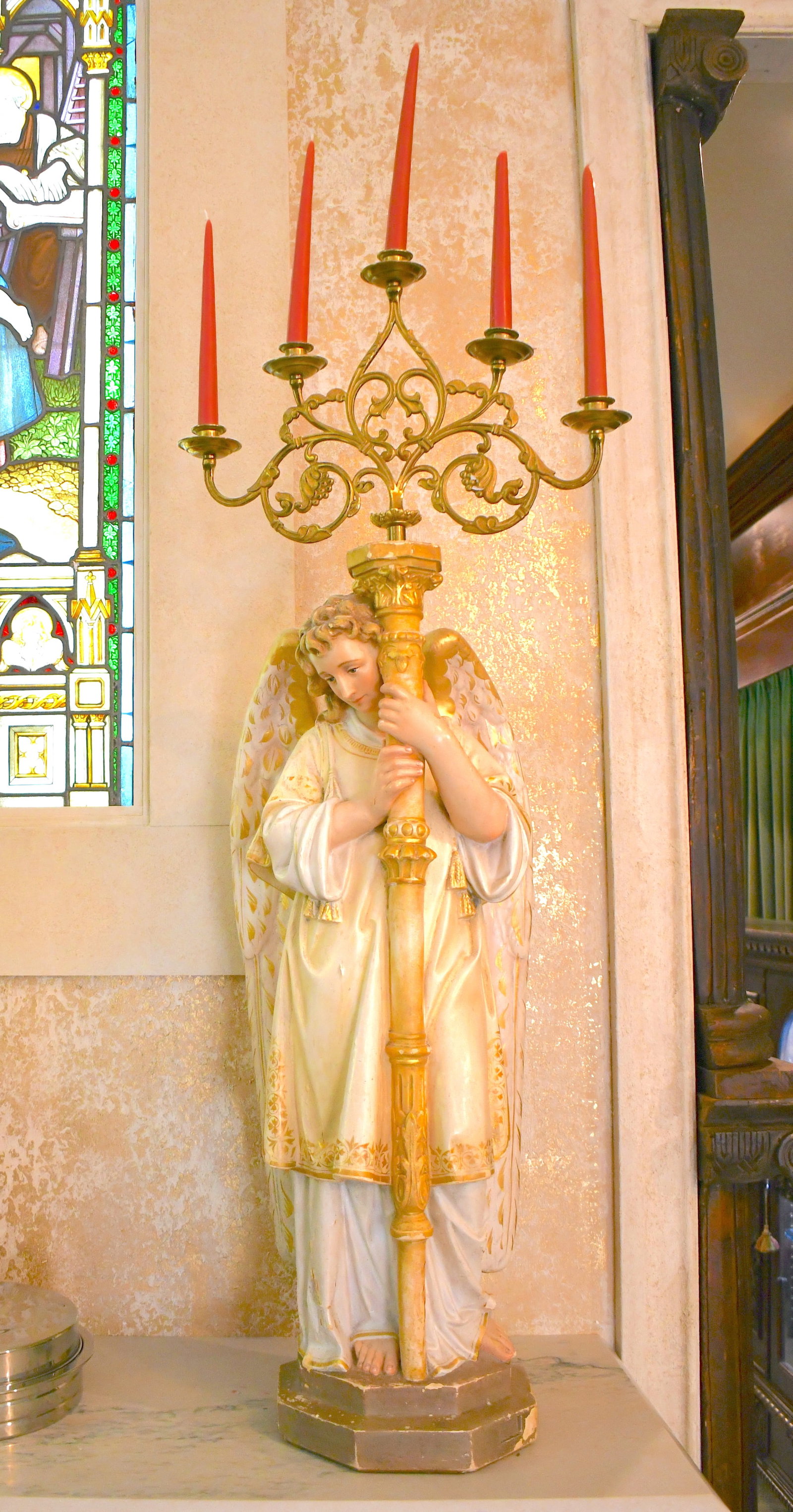 Pair Of Angel Candleholders: Product of Daprato Statuary Company Gold, Cream, White in color Chicago, IL Has paint flaking off bases 47" bottom to top of candleholder 14" wide x 12" deep