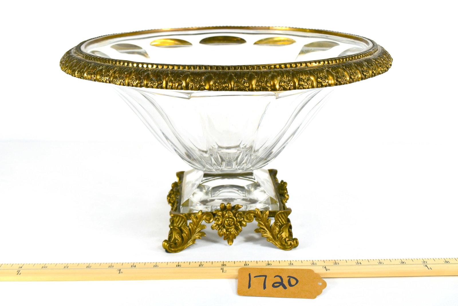 Vintage Brass and Crystal Bowl with ornate Stand: Brass and Crystal Bowl Very heavy with ornate stand with brass accents around bowl and base No markings