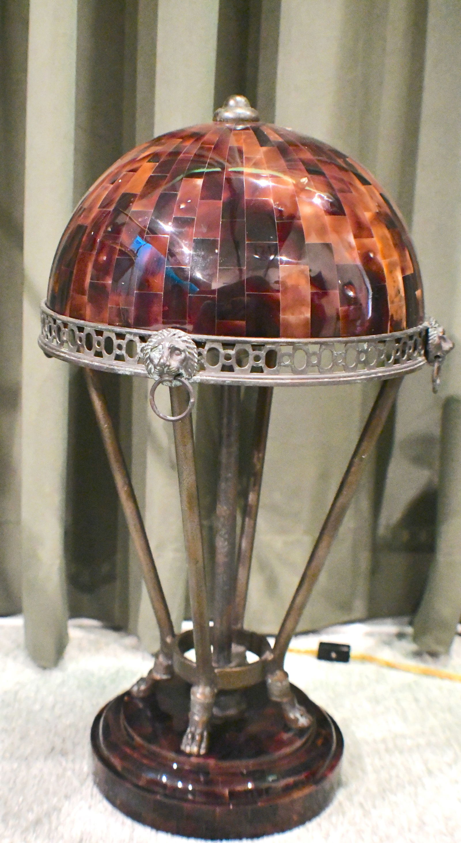 Maitland-Smith Table Lamp with Brown/Gold Shade: Penn Shell table lamp. Number 193 marking on bottom Maitland-Smith manufacturer- Handmade in Phillipines 21" tall x 13" wide