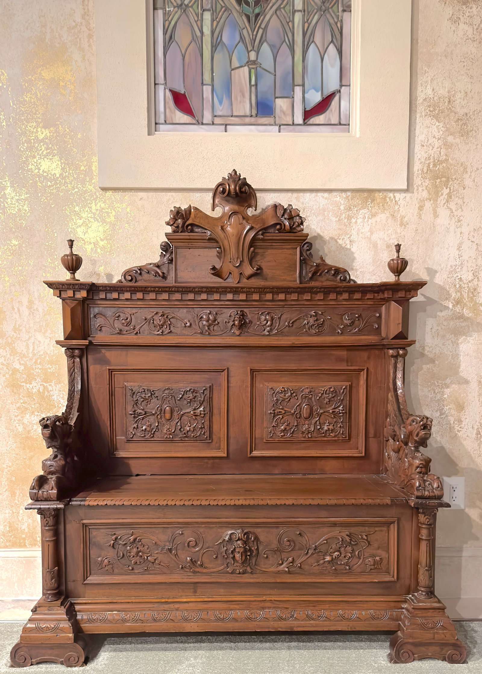 French Inspired Antique Carved Hall Bench: French Inspired Carved Hall Bench with very ornate carvings Seat lifts up for storage 60" tall x 48" wide x 22" deep