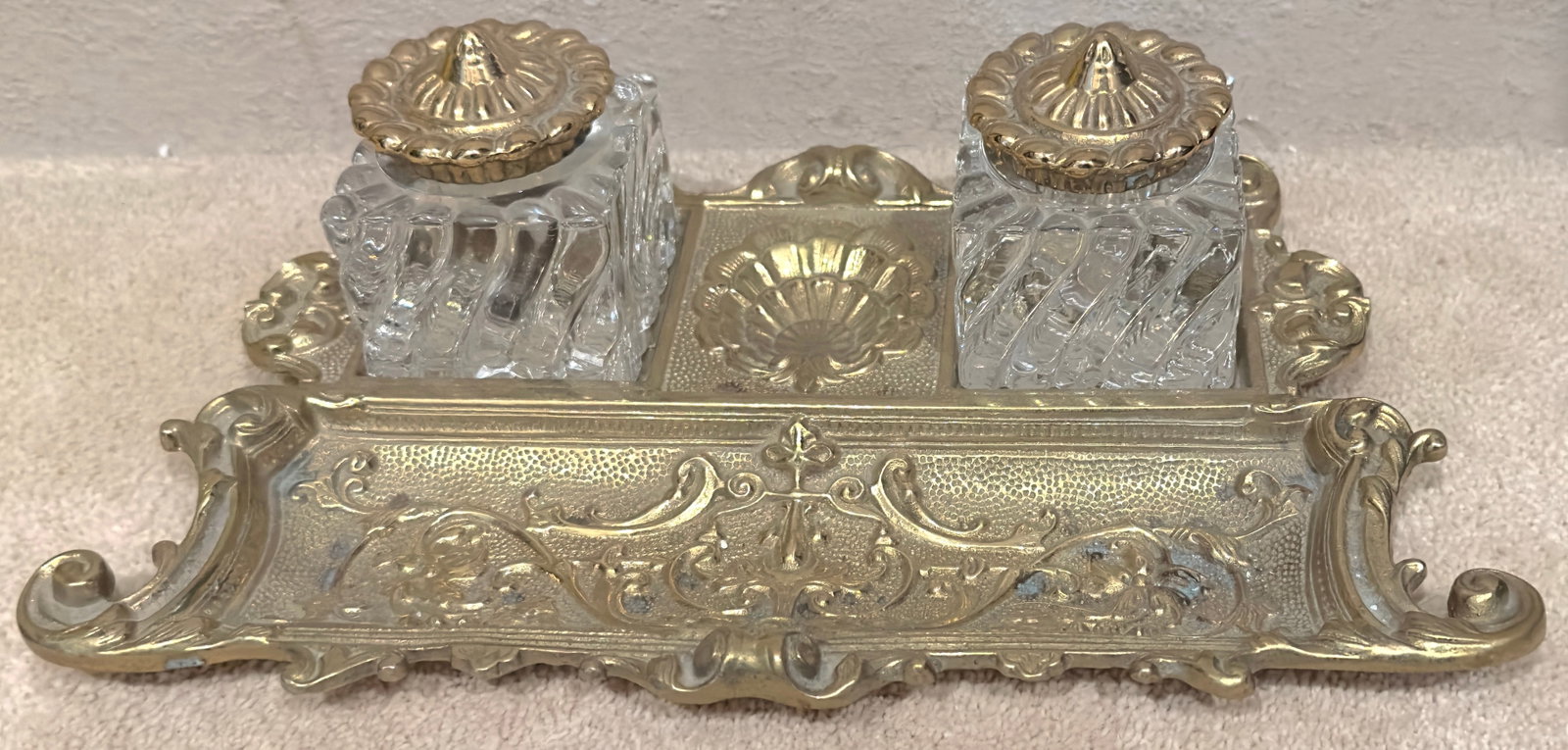 Antique Brass and Etched Glass Inkwell Desk Set: Brass and Etched Glass Inkwell desk set Each inkwell insert is removable from the stand and has a lid No markings on stand
