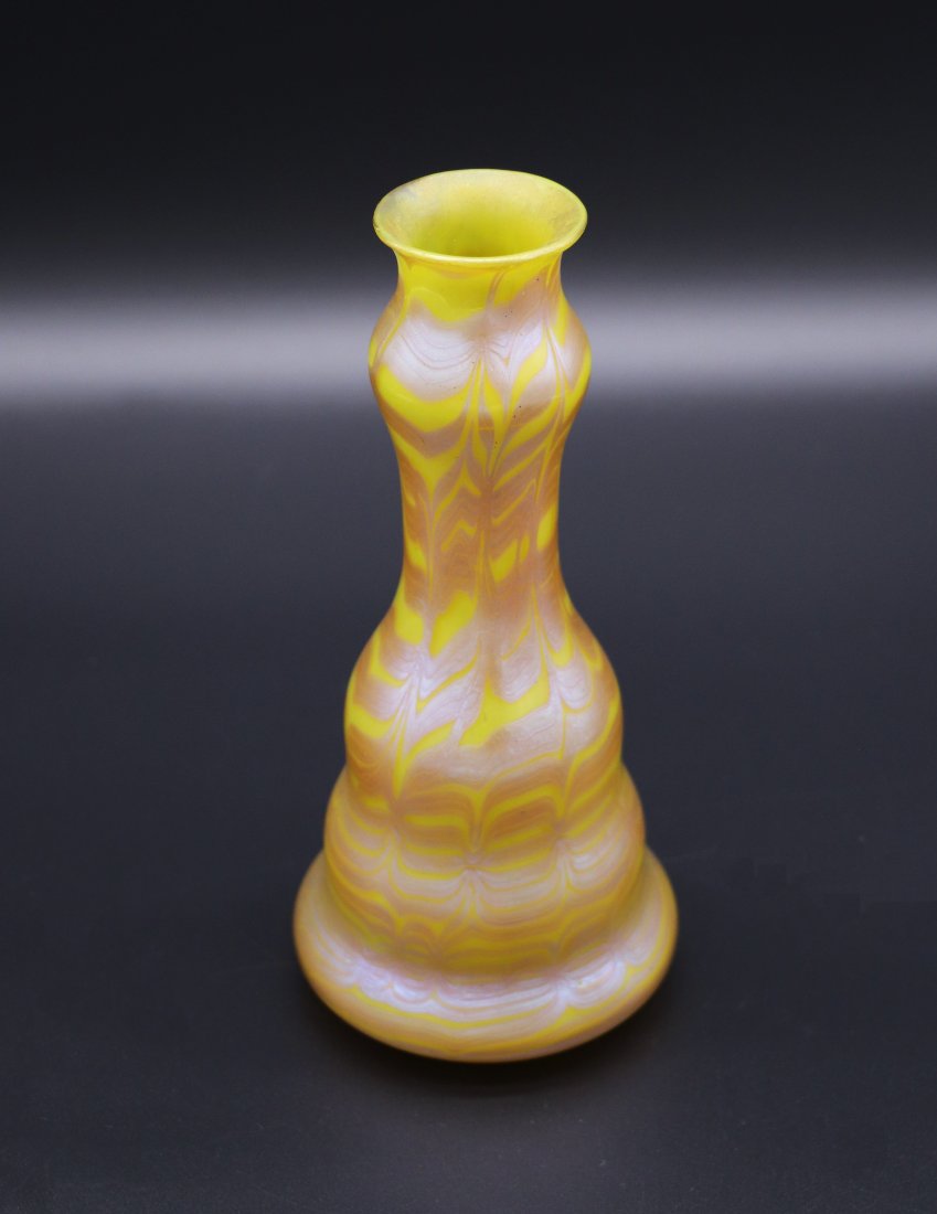 Signed Loetz Austria Art Deco Yellow Iridescent Vase: Beautiful Art Deco vase with a yellow and iridescent glass pattern. Signed 'Loetz, Austria' on base. Own a piece of art glass history, and add this wonderful Johan Loetz Witwe vase to your collection!