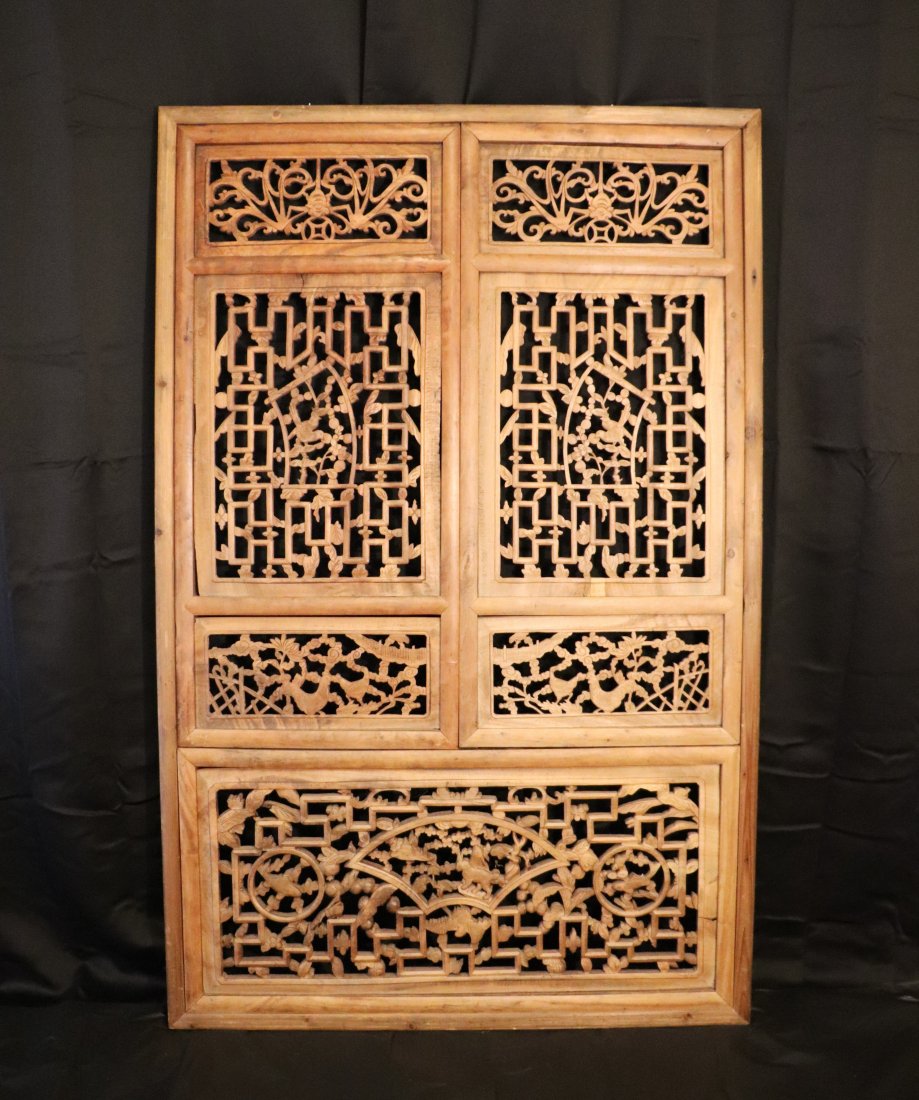 Antique Chinese Carved Wood Window Screen Wall Panel with Two Doors: Beautiful and intricately carved large antique Chinese wood window screen. Has two screen doors. From a private estate collection. Condition as shown. All sales are final. Previews available in Bellev
