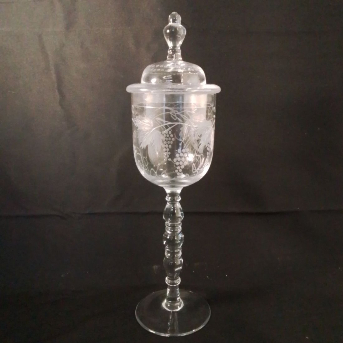 Etched Clear Glass Goblet and Cover: An Etched Clear Glass Goblet and Cover, 20th Century. H: 13 D: 3 1/4 in.