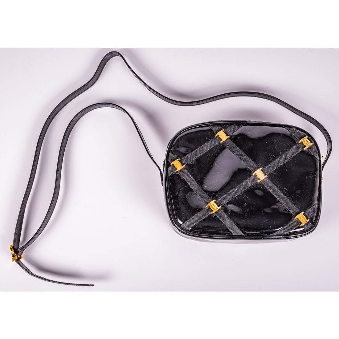A Vintage Salvatore Ferragamo Black Patent Leather Crossbody Bag (1 of 5)