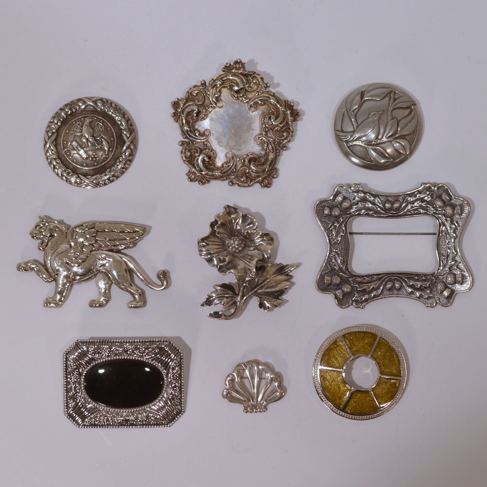 Miscellaneous Collection of Nine Silver Plated Brooches (1 of 2)