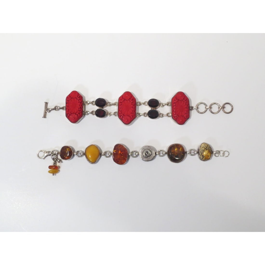 Two Stone and Acrylic Bracelets: Two Stone and Acrylic Beaded Silver Plated Chain Bracelets. L: 8 1/4 in.