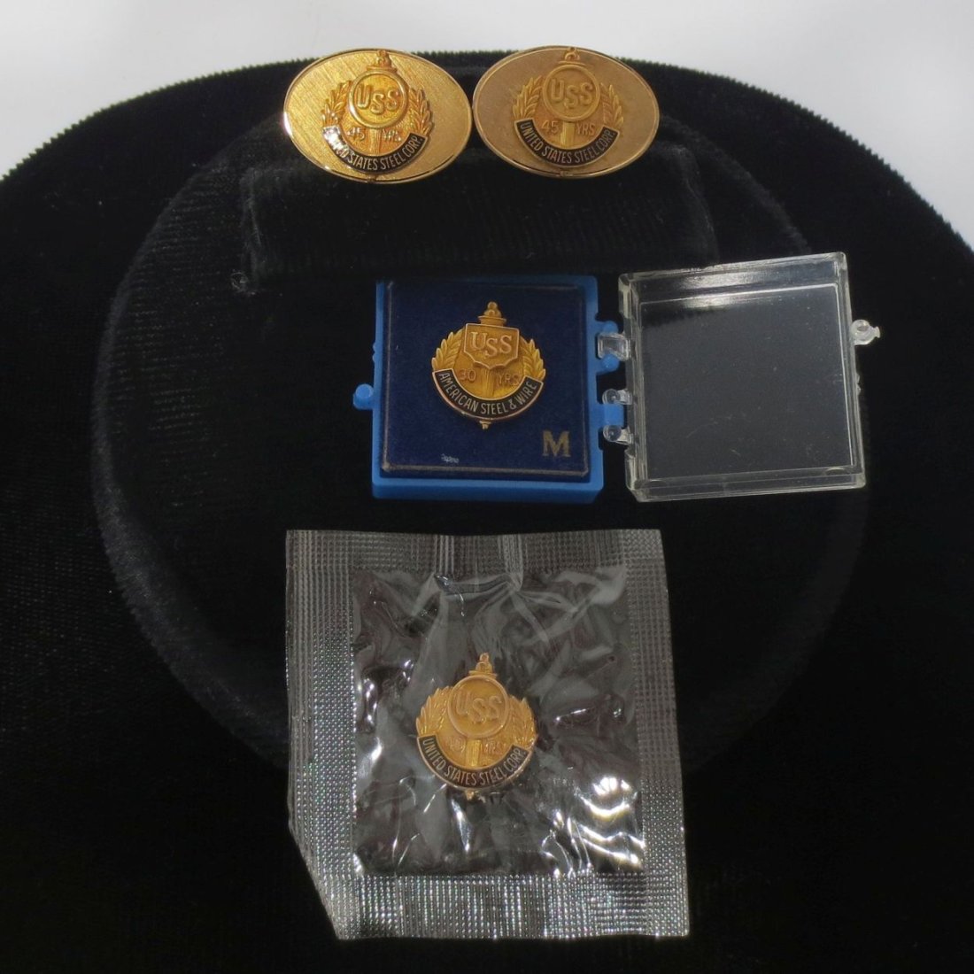 Low Karat Gold Filled United States Steel Corp. Achievement Pin, Tie Pin and Cufflinks: A Low Karat Gold Filled United States Steel Corp. Achievement Pin, Tie Pin and Cufflinks, Years 30, 40 and 45. Marked 10K, 12kt gf 1/20.
