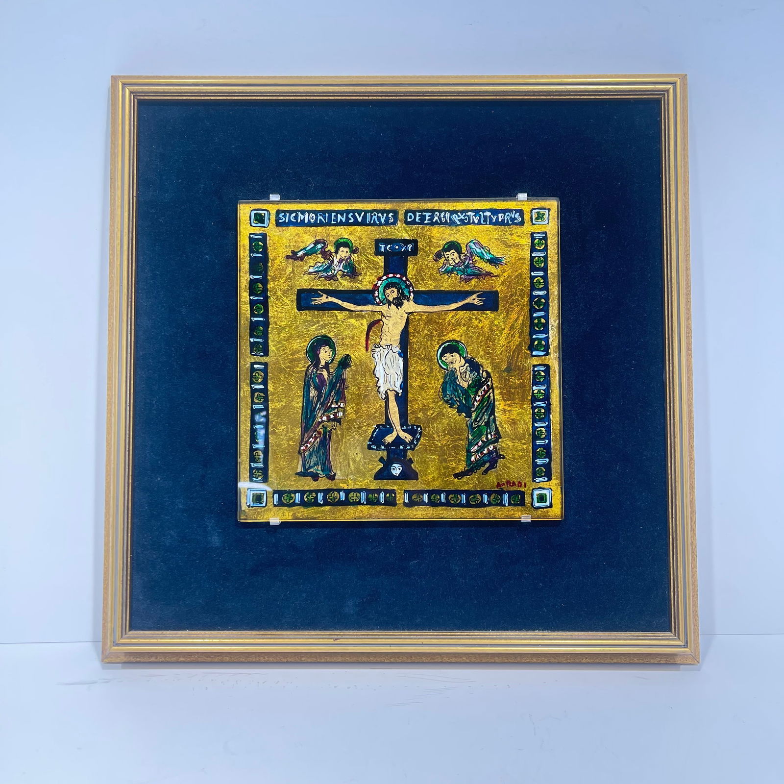 Aldo Radi (b. 1930): Aldo Radi (b. 1930) Cristo, Reverse painting on glass with gilt, Signed lower right. Framed dimensions: H: 17 1/2 x W: 17 1/2 in. H: 9 3/8 W: 9 1/2 in.
