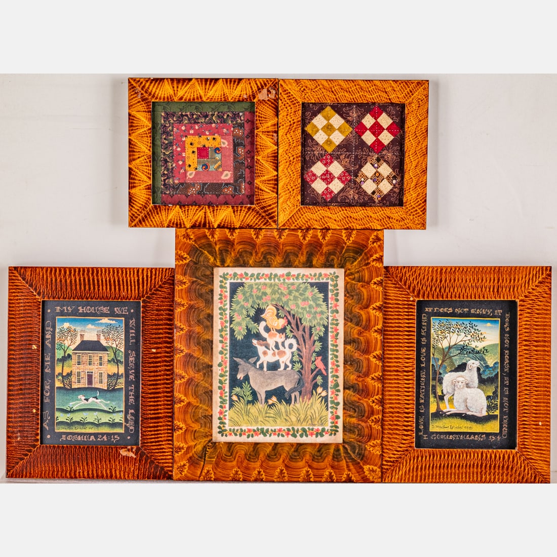 Five Faux Grain Wood Framed  Colonial Style  Decorative Prints (1 of 4)