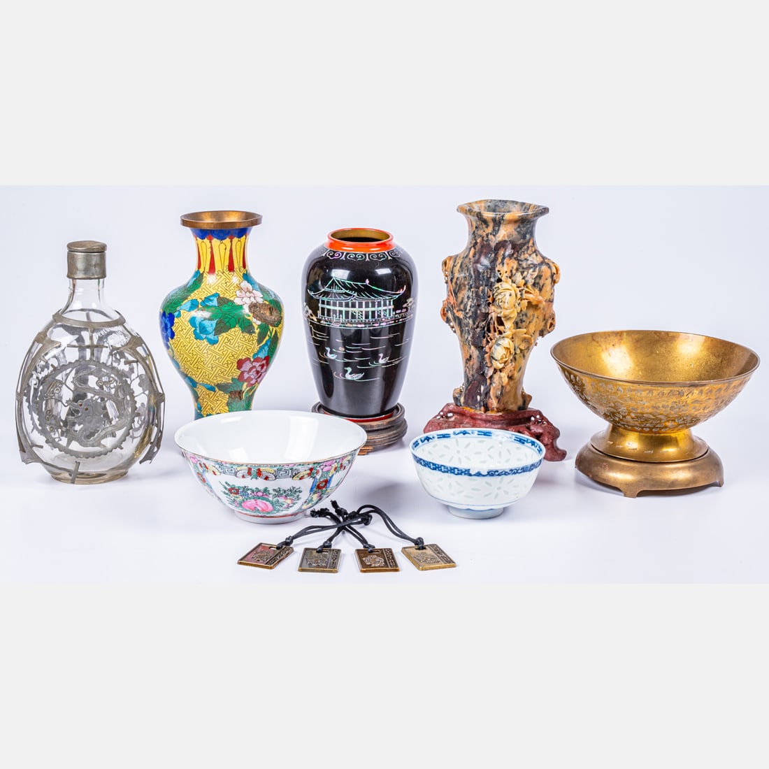Decorative Japanese Vessels and Bowls: A Collection of Decorative Japanese Vessels and Bowls, Comprising of wood, metal, glass, porcelain and cloisonne and abalone inlay. Together with broken carved soapstone vase. Tallest dimension: H: 9