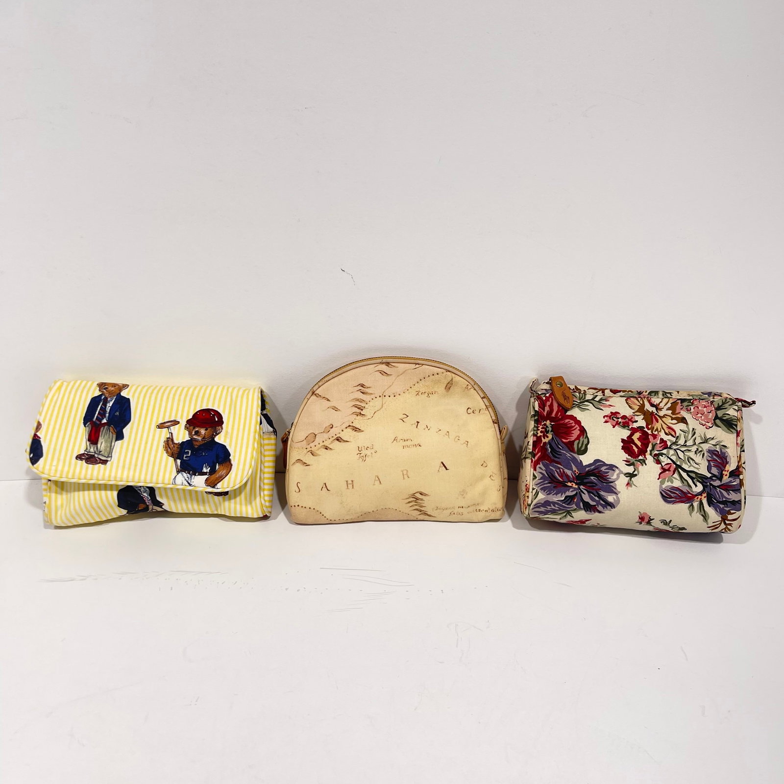 Three Vintage Cotton and Leather Ralph Lauren Makeup Bags: Three Vintage Cotton and Leather Ralph Lauren Makeup Bags, Largest (bear) dimensions: H: 5 x W: 10 1/4 x D: 1 1/2 in.