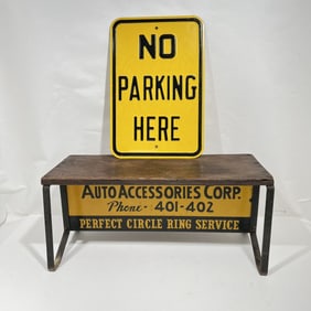 No Parking Here Sign And Wood and Metal Auto Advertising Stool