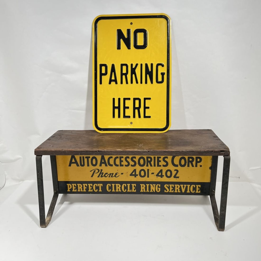 No Parking Here Sign And Wood and Metal Auto Advertising Stool (1 of 2)