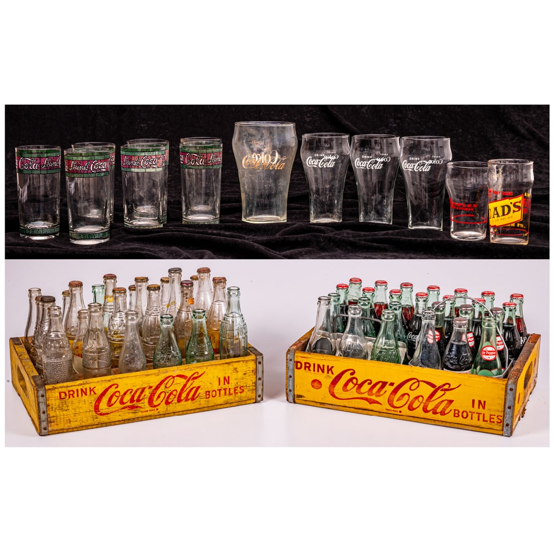 Vintage Coca-Cola And Dr. Pepper Themed Memorabilia: Collection Of Vintage Coca-Cola And Dr. Pepper Themed Memorabilia, Mid 20th Century, Comprising of fifteen reproduction Coca-Cola fluid soda pop bottles, full, and seven Coca-Cola bottles, empty. Thre