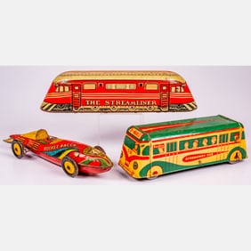 Three Vintage Tin Lithograph Vehicle Toys