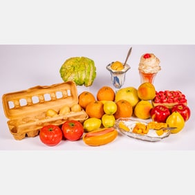 Collection Of Vintage Painted Plaster And Wax Faux Food And Fruit