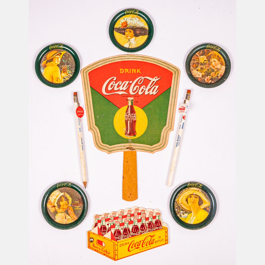 Soda Themed Advertising Cards And Signs: Collection Of Soda Themed Advertising Cards And Signs, Mid 20th Century, By various maker's. Including Coca-Cola, Rock Hill, Hires, 7up, Boone Cola, Swallows, Mission. Largest dimensions: H: 14 x W: 1