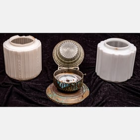 Three Deco-Style Molded Milk Glass And Clear Glass Ceiling Light Fixture Shades