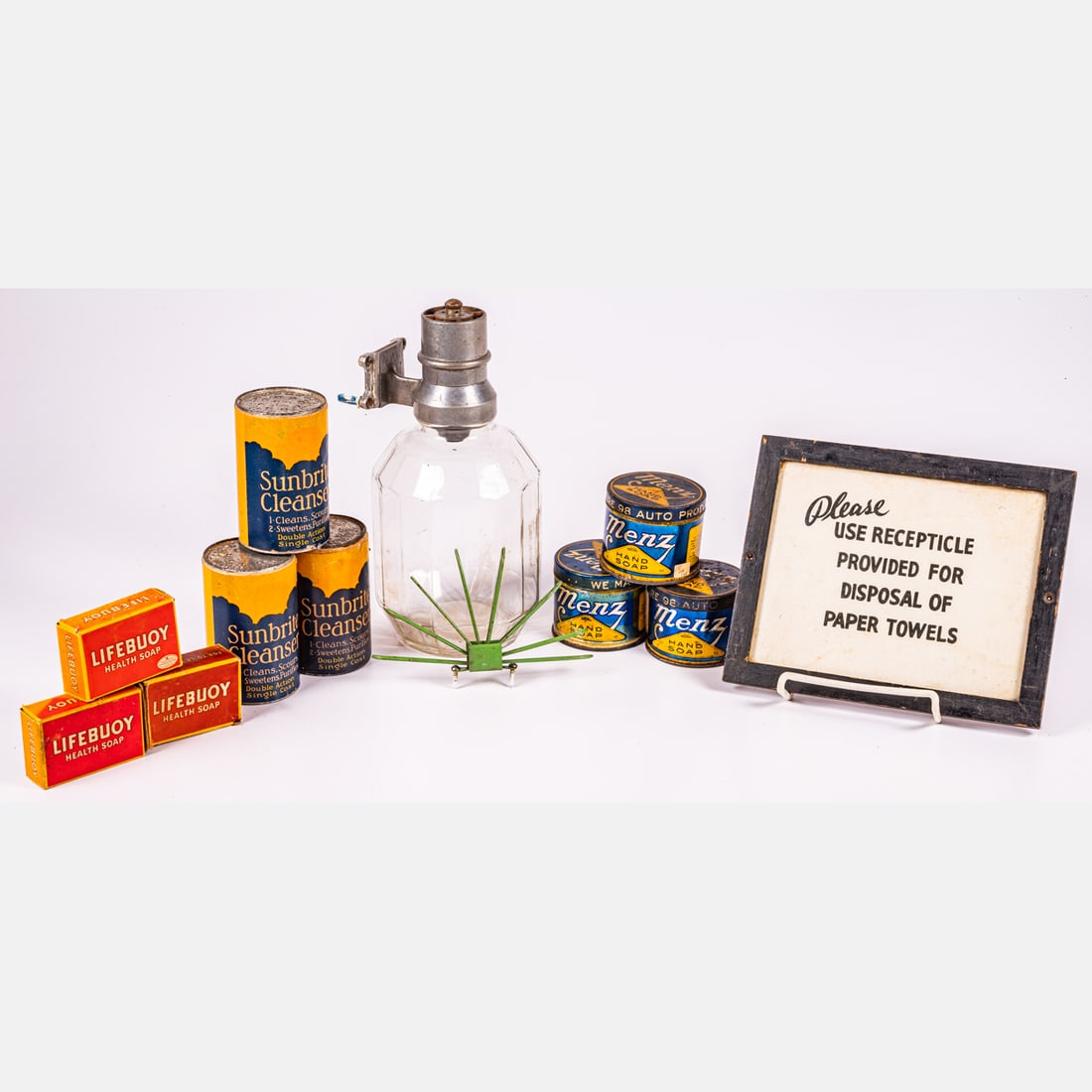 Cleaning And Diner Items: Collection Of Cleaning And Diner Items, Middle 20th Century, One Hoosier Sugar Dispenser. One Please Use Recepticle Provided For Disposal Of Paper Towels Sign, framed wood and glass. Three boxes of Li