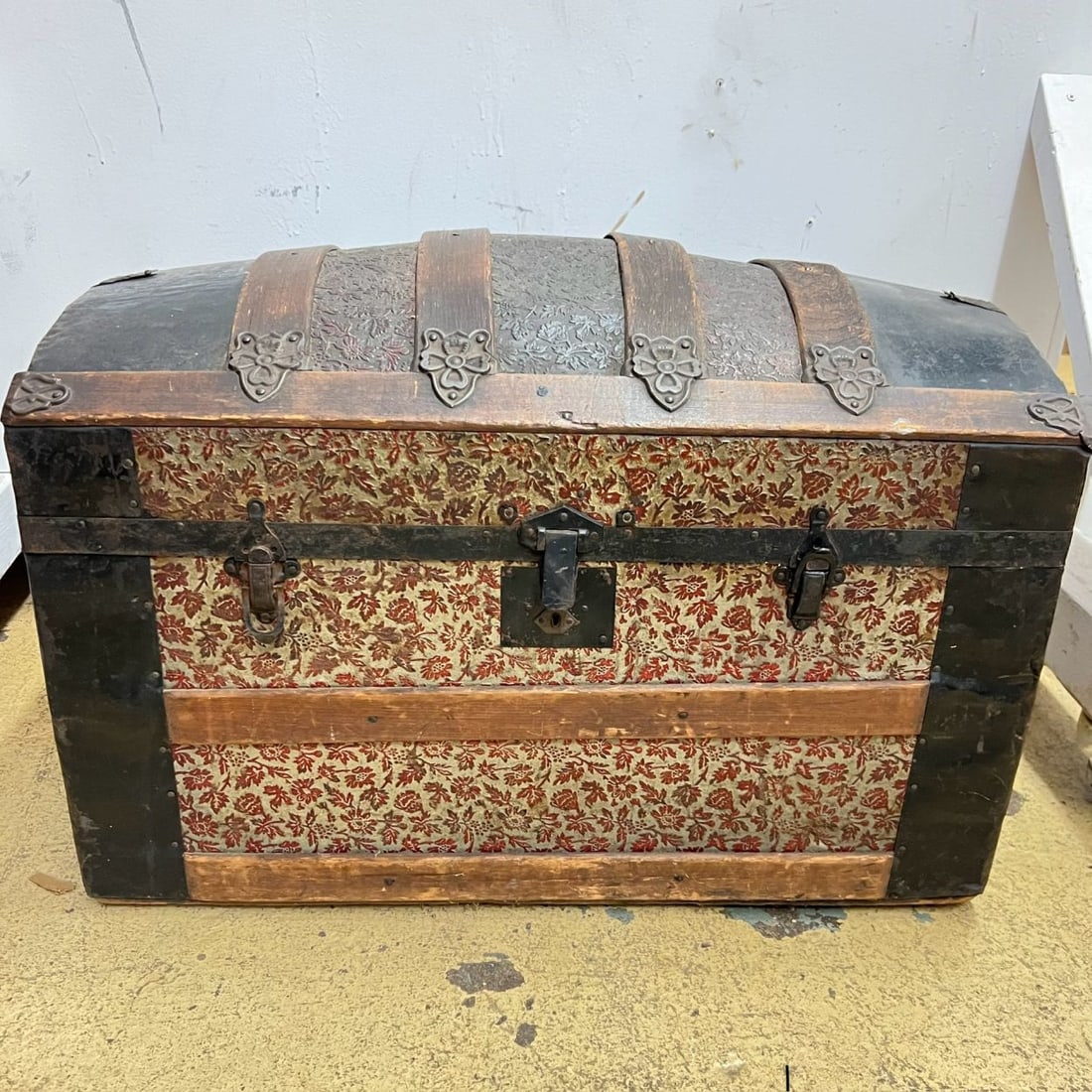Embossed Metal and Wood Bound Traveling Trunk (1 of 6)