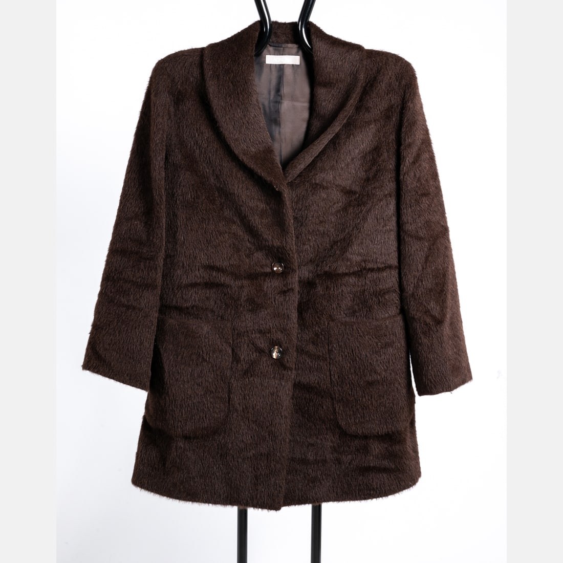 Agnona Ladies Jacket: An Agnona Ladies Jacket, A brown cashmere blend jacket by Agnona with a mohair outer texture, knit inner texture, and partial silky lining. Jacket has a shawl collar and two patch pockets which are li