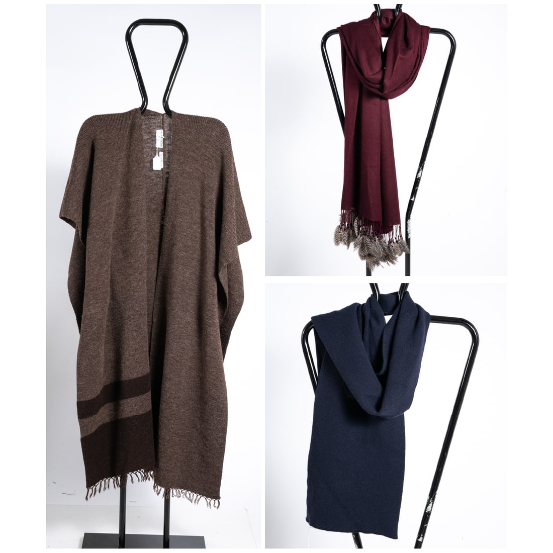 Two Knit Shawls And A Scarf: Two Knit Shawls And A Scarf, An Anna Trzebinski wine red knit shawl with beaded/feather accent. No fabric content, has a hand-feel of cashmere-wool blend. Dimensions: 37 x 83 in. Feather fringe: 5 in.