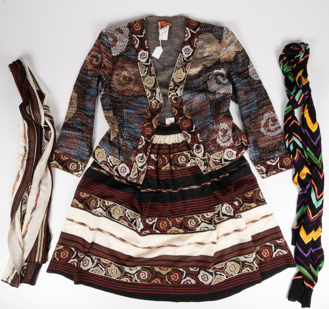 Missoni Three Piece Knit Outfit: A Missoni Three Piece Knit Outfit, A knit cardigan, fit-and-flare skirt and long sash/scarf in earth-toned colors and varied woven print. Cardigan is a size 44, composed of 88% rayon, 12% nylon. Flat