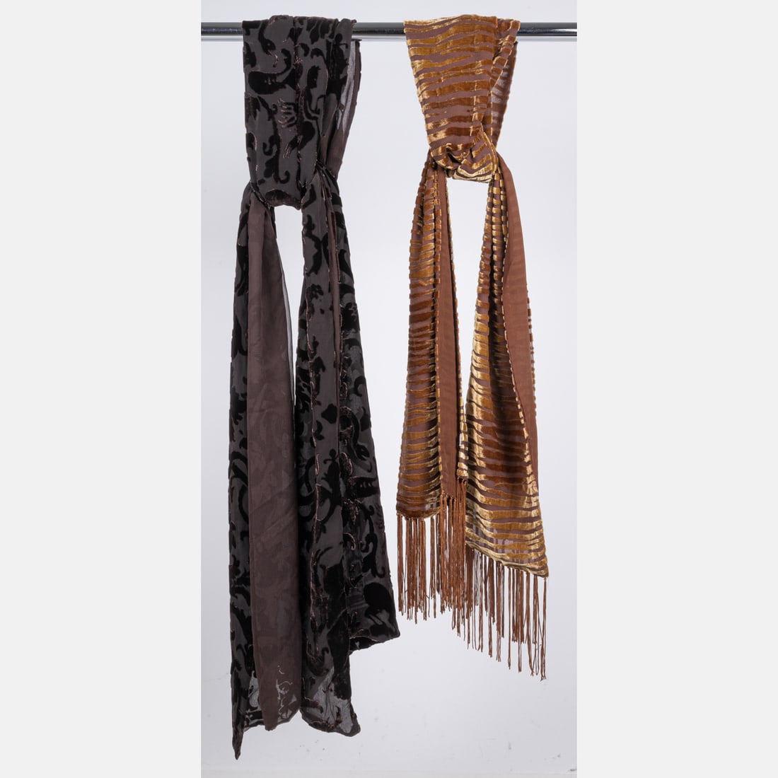 Two Silk Velvet Burnout Scarves: Two Silk Velvet Burnout Scarves The first scarf is by Sabina Fay Braxton, Paris. 50% silk / 25% viscose / 25% cotton. Has a brown-on-brown burnout velvet pattern featuring a fantastical scene of anima