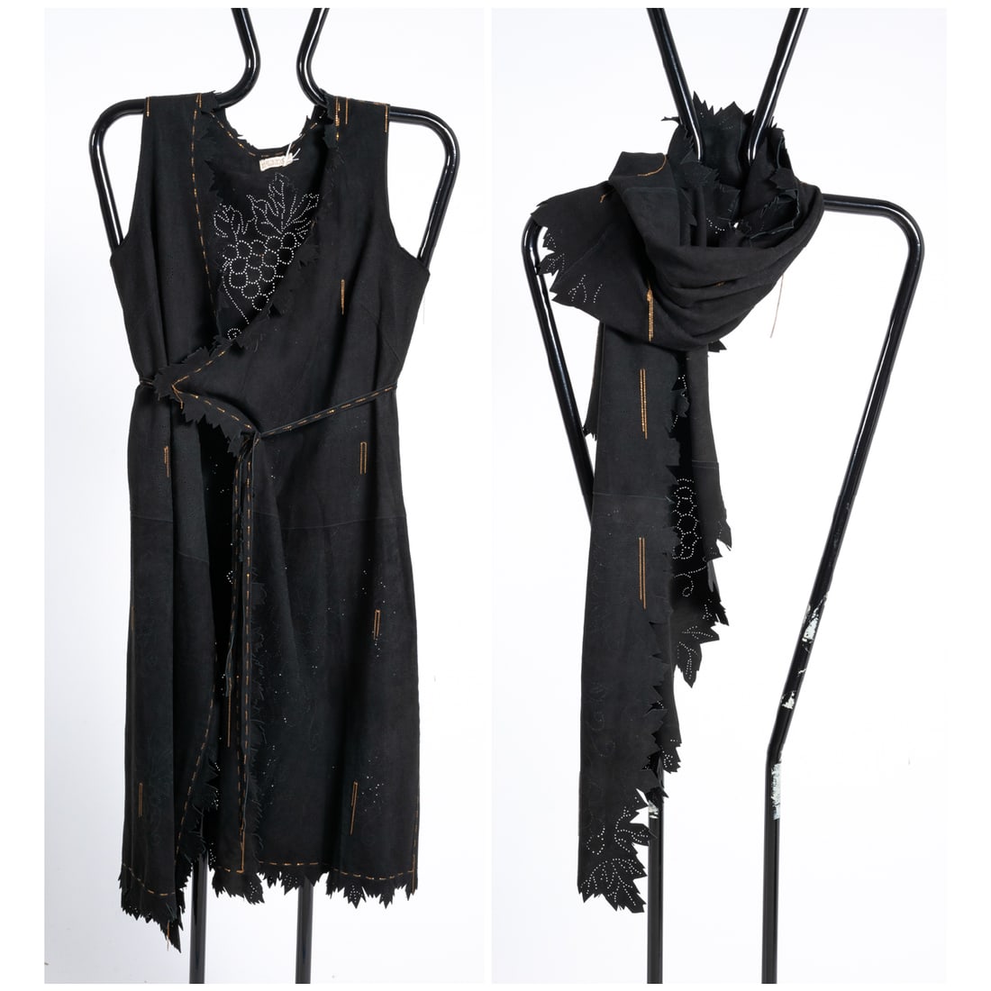 Kerry Grima Suede And Chain Set: A Kerry Grima Suede And Chain Garment Set, A black perforated suede open-front vest accented all-over with copper colored chain woven into the material. Comes with a matching shawl. Flat measurements: