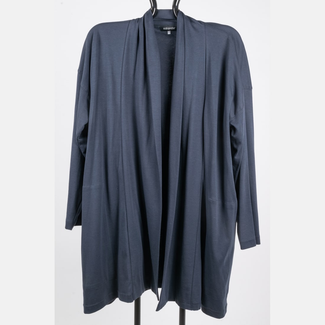 Eskander Pima Cotton Sweater: An Eskander Pima Cotton Open-Front Sweater, Open size slate grayish blue open-front sweater, made of 100% pima cotton. Flat measurements: Shoulders: 28 in. Sleeves: 19 in. Length: 34 in. Shipping: We