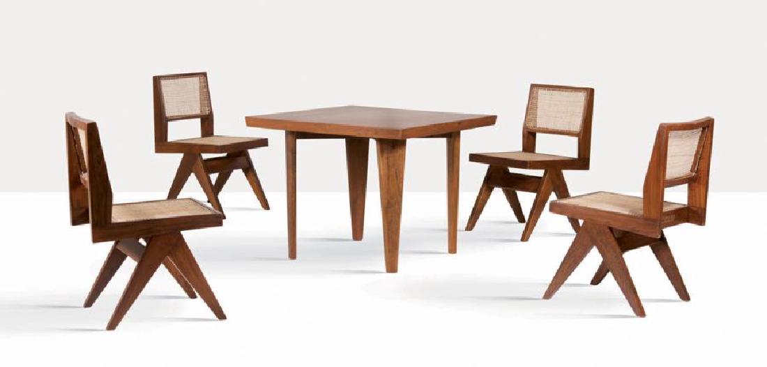 PIERRE JEANNERET (1896-1967): PIERRE JEANNERET (1896-1967) Suite de 4 chaises dites Type V Teck, moelle de rotin 85 x 44 x 57 cm. 1958-1959 Set of 4 chairs Teak, cane 33.46 x 17.32 x 22.44 in Provenance : - Chandigarh, Inde Réfé