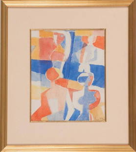 Yves ALIX (FRA/1890-1969) Quatre filles au bain, 1962: Yves ALIX (FRA/1890-1969) Quatre filles au bain, 1962 Aquarelle sur papier 26 x 21 cm Signé en bas à droite Watercolor on paper 10 1/4 x 8 1/4 in Signed in the bottom right corner