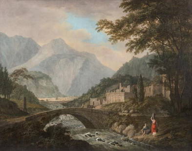 Attribué à Johann Wilhelm SCHIRMER (1807-1863): Attribué à Johann Wilhelm SCHIRMER (1807-1863) Promeneurs près de ruines antiques. Sur sa toile d’origine. 81,5 x 103 cm. Traces de monogramme en bas à gauche JS Oil on c...