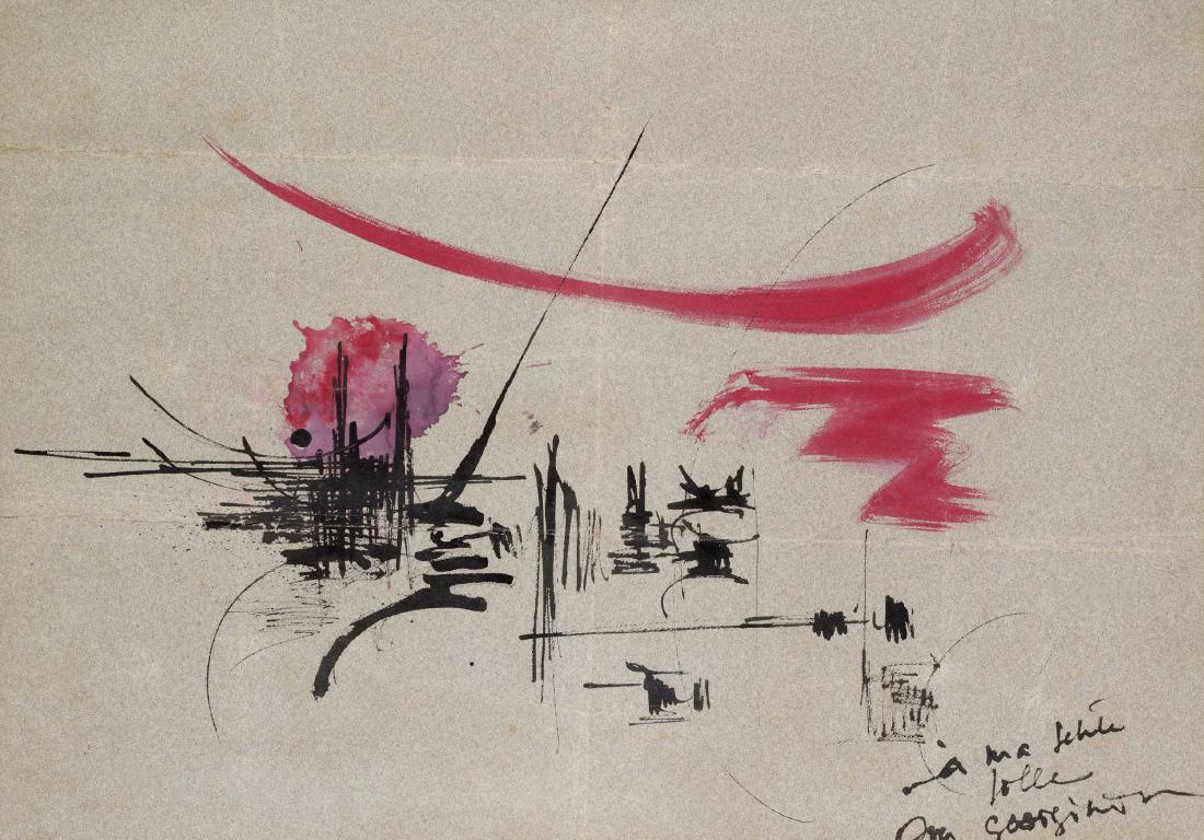 Georges MATHIEU (FRA/1921-2012) Composition Gouache et: Georges MATHIEU (FRA/1921-2012) Composition Gouache et encre de Chine sur papier 43 x 61 cm Dédicacé «à ma petite folle, ton Georginou» en bas à droite Gouache en China ink on paper 16 7/8 x 24