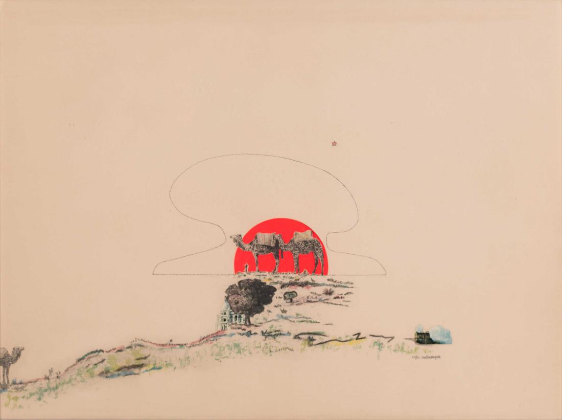 Martial RAYSSE (FRA/1936) Deux chameaux dans un: Martial RAYSSE (FRA/1936) Deux chameaux dans un paysage, 1968 Collages de photographies sur fond de lithographie rehaussée au crayon 56 x 75 cm Signé au crayon et numéroté 30/50 en bas à droite C