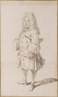 Pier Leone GHEZZI (Rome 1674-1755): Portrait d’homme debout, tenant un tricorne Plume et encre brune 41 x 24,5 cm Signé, daté et situé en bas à gauche Pier Ghezzi fecit e Di 16 Maggio 1722 Roma pen; brown ink; signed and dated low