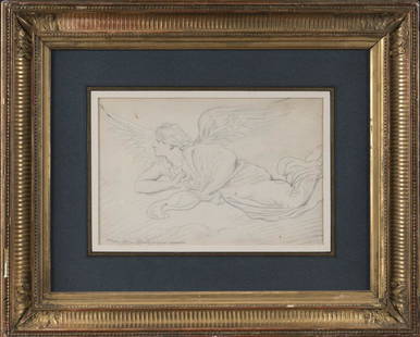 Théodore CHASSERIAU (El Limon 1819 – Paris 1856): Etude d’ange Crayon noir 15,8 x 24,4 cm Signé en bas à gauche Théodore Chassériau black chalk on paper, signed lower left:Théodore Chassériau; 6 7/32 x 9 1/4 in. Notre dessin est une étude po