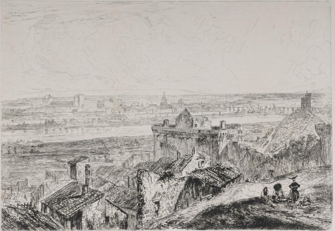 PAUL HUET (1803-1869): Vue générale d’Avignon 1834. Eau-forte. 215 x 295 (c. de pl.) ; 336 x 450 (feuille). Delteil n°4. Très belle épreuve sur chine appliqué sur vélin. Rare. Etching.A very fine proof on chine app