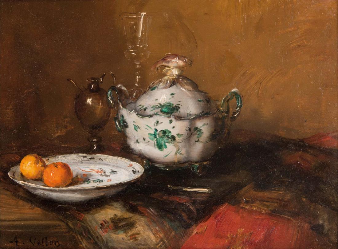 Antoine VOLLON (1833-1900): Antoine VOLLON (1833-1900) Nature morte Huile sur panneau Signé en bas à gauche 23 x 31 cm