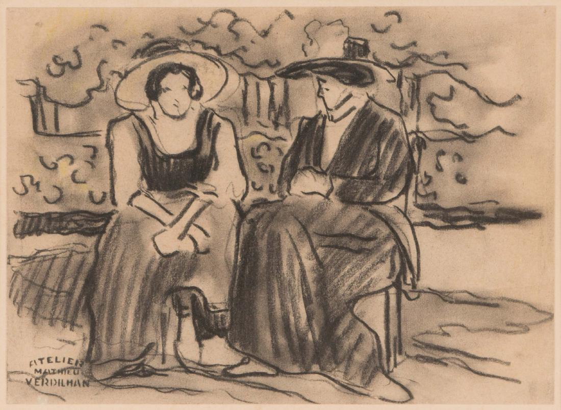 Louis Mathieu VERDILHAN (1875-1928): Louis Mathieu VERDILHAN (1875-1928) Discussion dans le parc Pastel Cachet en bas à gauche 24,5 x 33 cm
