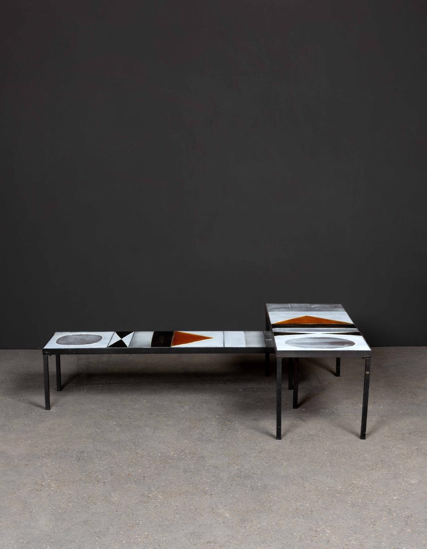 ROGER CAPRON (1922-2006) Table basse Ce?ramique: ROGER CAPRON (1922-2006) Table basse Ce?ramique e?maille?e et me?tal Date de cre?ation : vers 1960 H 30 x L 120 x P 40 cm Coffee table Ceramic and metal 11,8 x 47,2 x 15,7 in