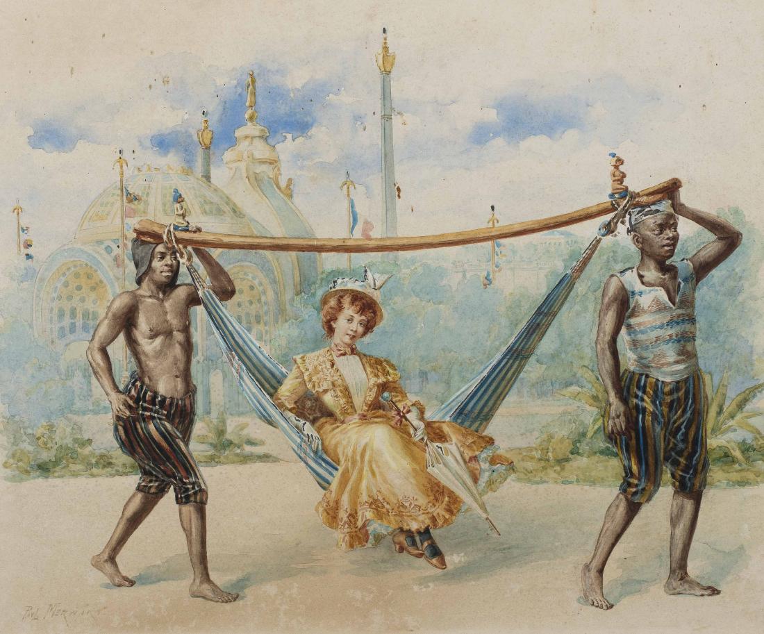 PAUL MERWART (Marianowka 1855 - Saint Pierre de la: PAUL MERWART (Marianowka 1855 - Saint Pierre de la Martinique 1902) Porteurs a? l’exposition universelle de 1900, Paris Exe?cute? en 1900 Aquarelle sur papier 39 x 47,5 cm Signe? en bas a? gauche ��