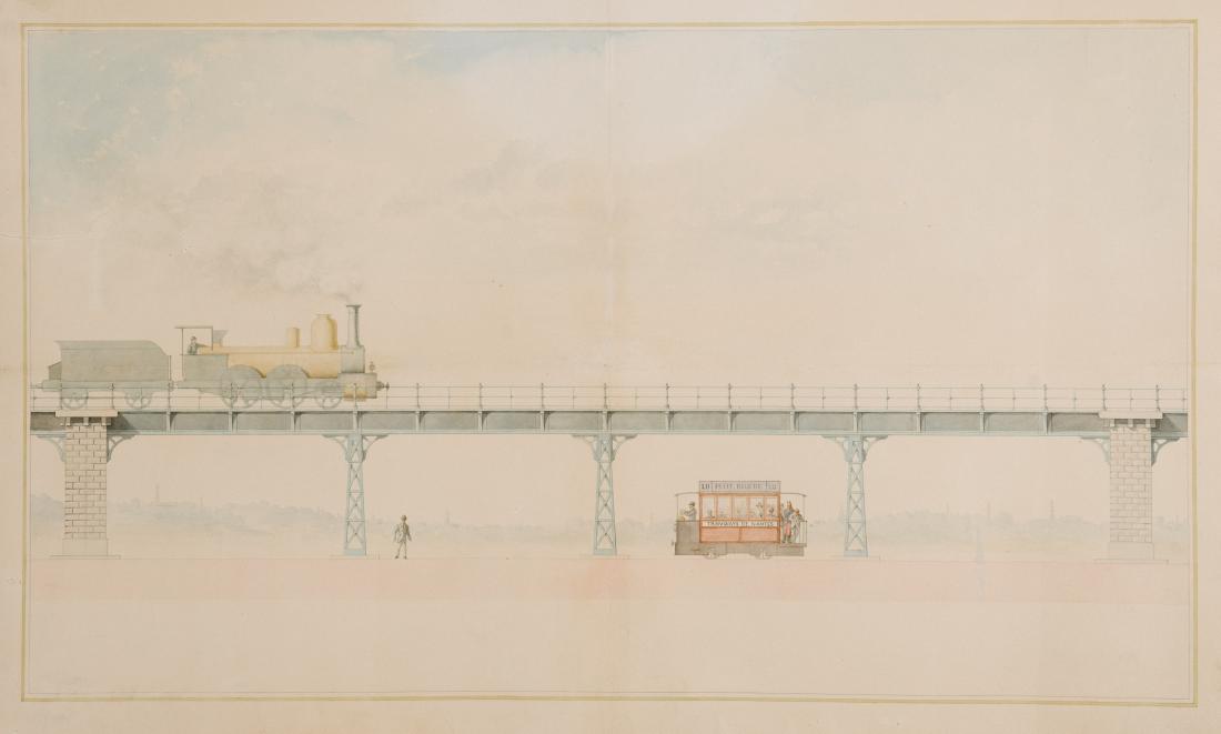 PONT MÉTALLIQUE: PONT MÉTALLIQUE Attribué aux Ateliers Gustave Eiffel, vers 1900. Encre et aquarelle sur papier. Ce dessin technique attribué aux Ateliers Gustave Eiffel, est très certaine-