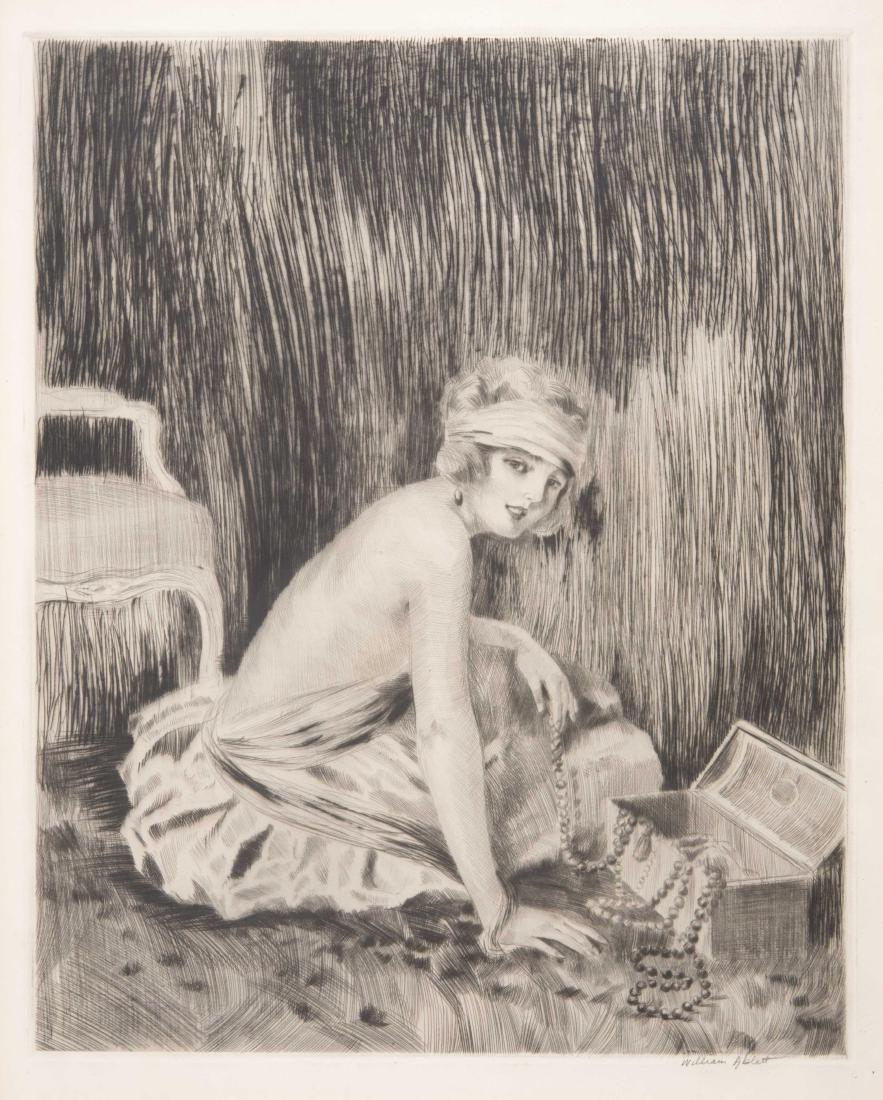 WILLIAM ABLETT (1877-1937) Ele?gante au coffre a?: WILLIAM ABLETT (1877-1937) Ele?gante au coffre a? bijoux. Pointe se?che sur papier. Signe?e hors planche en bas a? droite. 53,5 x 42,5 cm (a? vue) Dry point etching; Signed in the margins lower right;