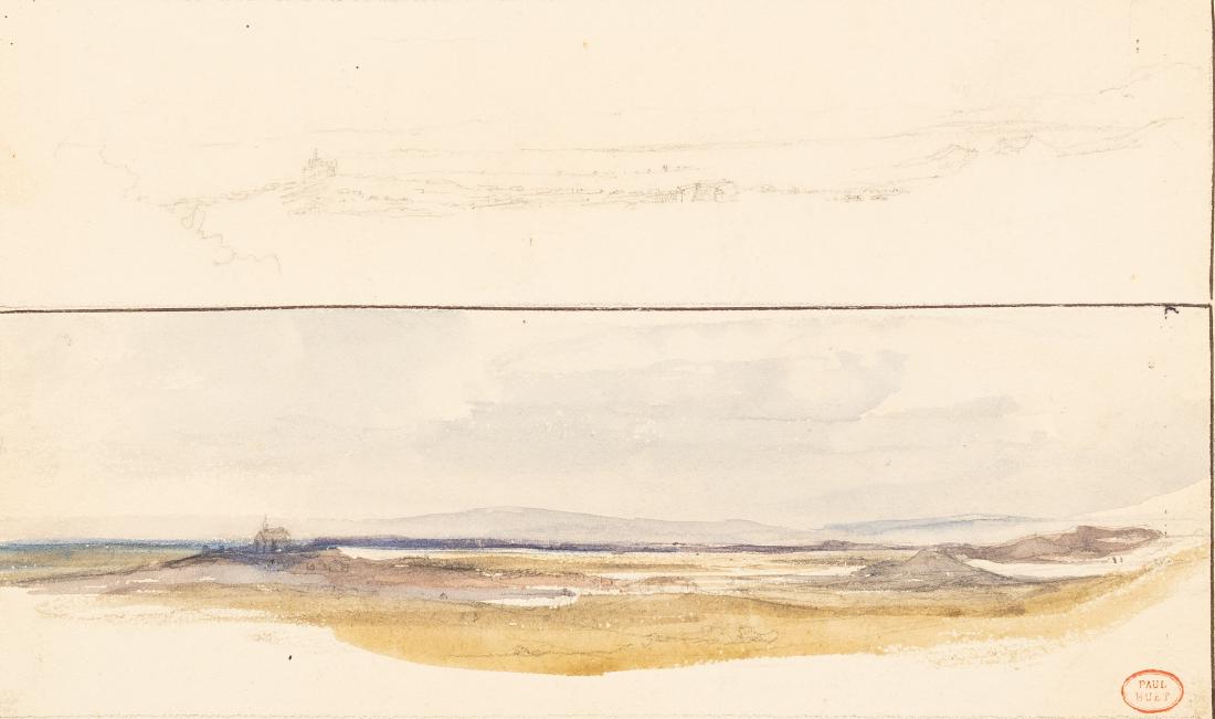 Paul HUET (Paris 1803 – 1869) Deux études: Paul HUET (Paris 1803 – 1869) Deux études de chaine de montagne sur la même feuille Crayon noir et aquarelle sur traits de crayon noir 16,2 x 26 cm Annoté au crayon noir en bas &#