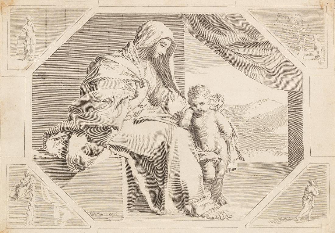 Claude Mellan (1598-1688). Sainte Famille. Burin. 346: Claude Mellan (1598-1688). Sainte Famille. Burin. 346 x 245. Préaud 14. Réunion de deux belles épreuves rognées sur le coup de planche, la 1re du 1er état (sur 4), avant la le