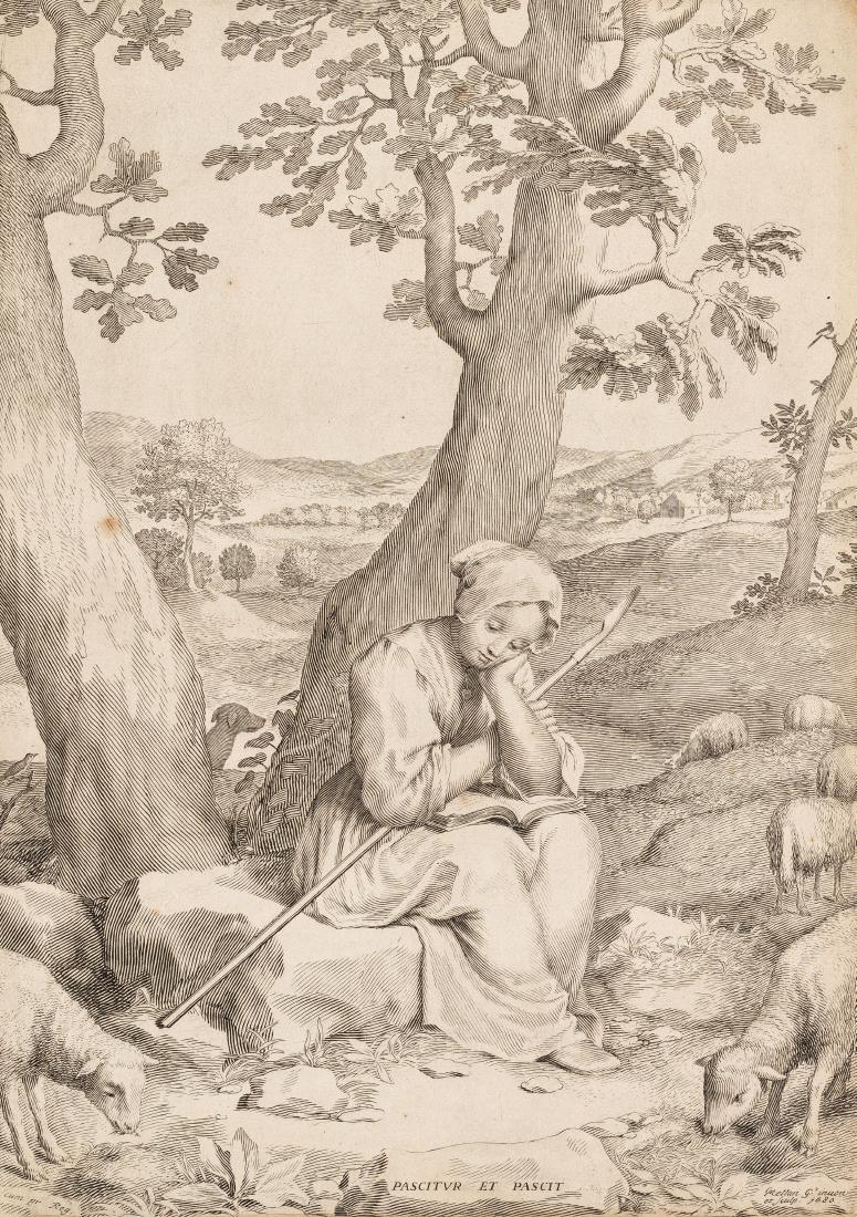 Claude Mellan (1598-1688). Sainte Geneviève. 1680.: Claude Mellan (1598-1688). Sainte Geneviève. 1680. Burin. 280 x 400. Préaud 108. Belle épreuve légèrement oxydée. Petits arrachements dans les angles supérieurs. Que