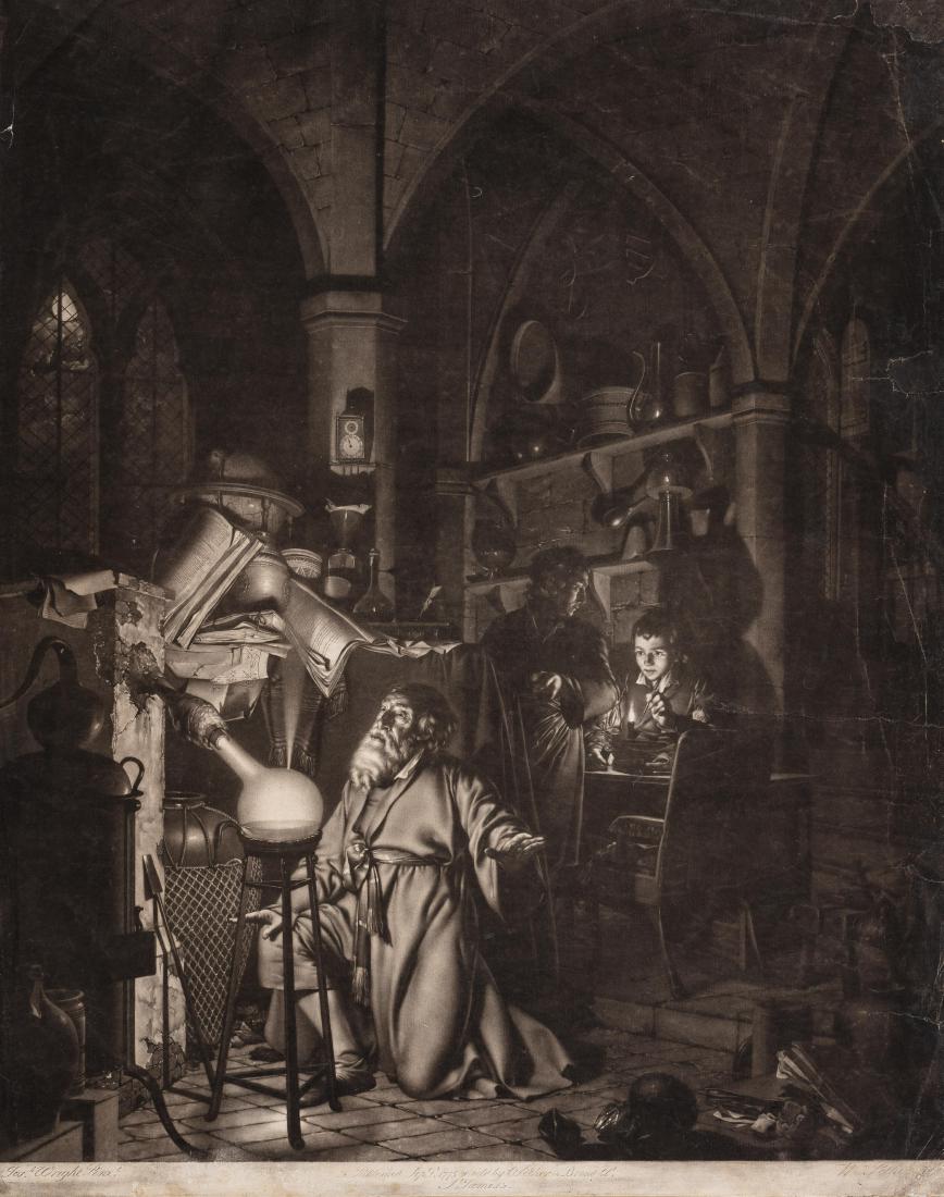 William Pether (1731-1821) Un alchimiste. Manière: William Pether (1731-1821) Un alchimiste. Manière noire d’après J. Wright of Derby. 455 x 580. Bonne épreuve sur vergé, rognée au sujet mais bien compète de la tabl